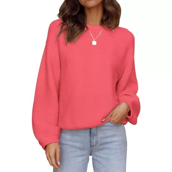 imageZESICA Womens 2023 Crew Neck Long Lantern Sleeve Casual Loose Ribbed Knit Solid Soft Pullover Sweater TopsWatermelon