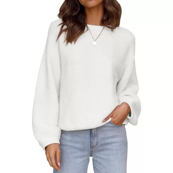 imageZESICA Womens 2023 Crew Neck Long Lantern Sleeve Casual Loose Ribbed Knit Solid Soft Pullover Sweater TopsWhite