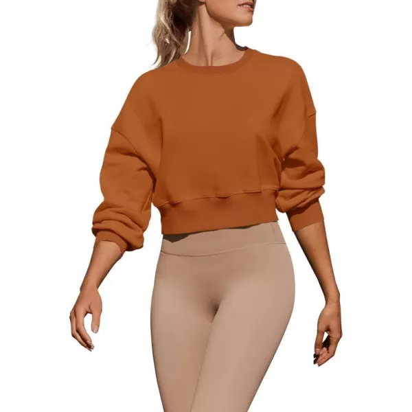 imageZESICA Womens 2023 Crop Sweatshirts Casual Long Sleeve Crewneck Solid Color Y2K Fleece Loose Pullover Sweatshirt TopsCaramel