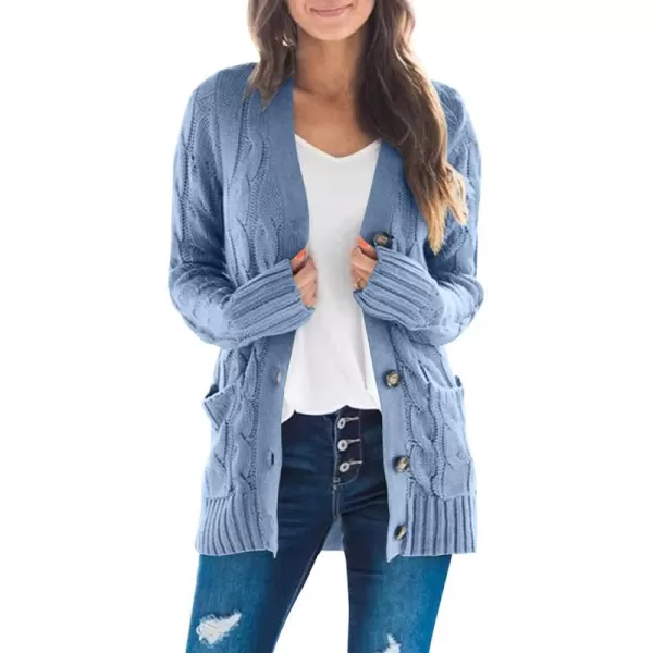 imageZESICA Womens 2023 Fall Casual Long Sleeve Button Down Open Front Cable Knit Cardigan Sweater CoatBlue