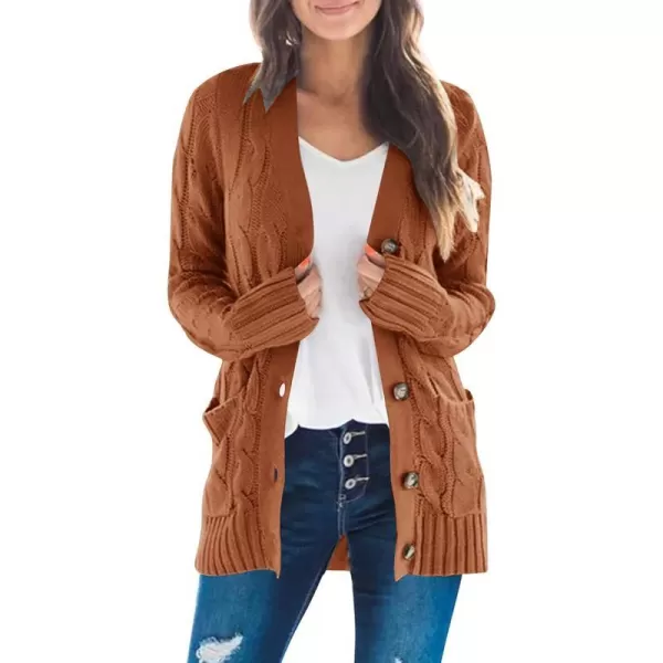 imageZESICA Womens 2023 Fall Casual Long Sleeve Button Down Open Front Cable Knit Cardigan Sweater CoatBrown