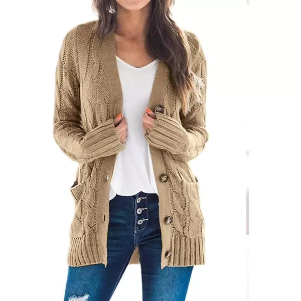 imageZESICA Womens 2023 Fall Casual Long Sleeve Button Down Open Front Cable Knit Cardigan Sweater CoatKhaki
