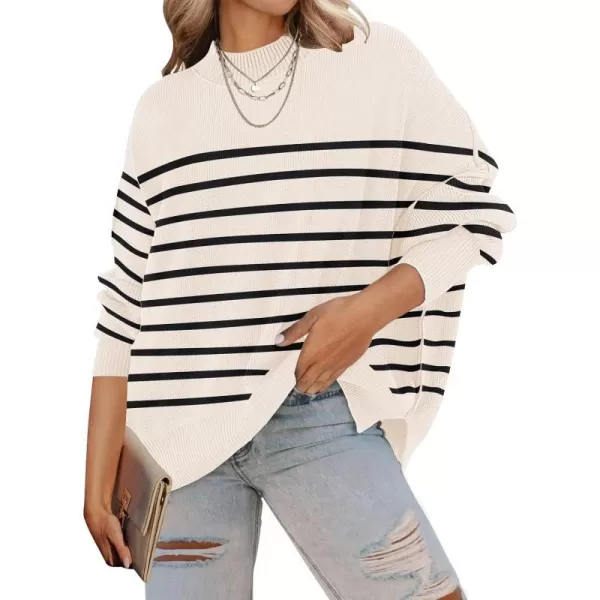 imageZESICA Womens 2023 Fall Casual Long Sleeve Crew Neck Side Slit Oversized Ribbed Knit Pullover Sweater TopsApricotstripe