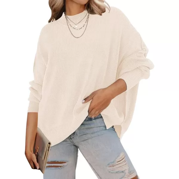 imageZESICA Womens 2023 Fall Casual Long Sleeve Crew Neck Side Slit Oversized Ribbed Knit Pullover Sweater TopsBeige