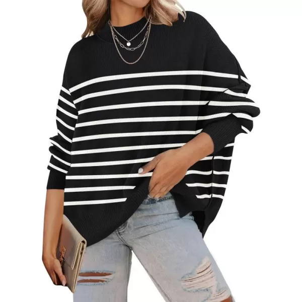 imageZESICA Womens 2023 Fall Casual Long Sleeve Crew Neck Side Slit Oversized Ribbed Knit Pullover Sweater TopsBlackstripe