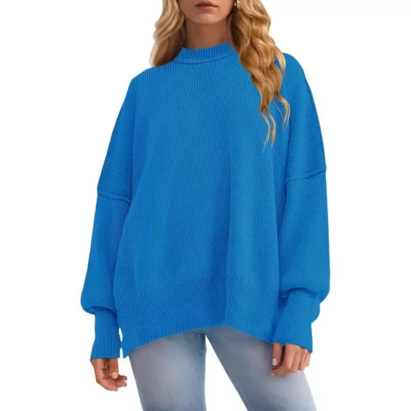 imageZESICA Womens 2023 Fall Casual Long Sleeve Crew Neck Side Slit Oversized Ribbed Knit Pullover Sweater TopsBrightblue