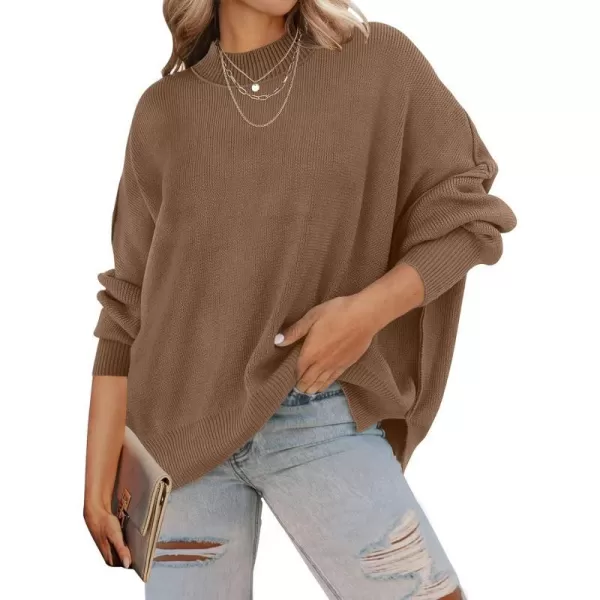 imageZESICA Womens 2023 Fall Casual Long Sleeve Crew Neck Side Slit Oversized Ribbed Knit Pullover Sweater TopsCoffee