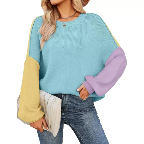 imageZESICA Womens 2023 Fall Casual Long Sleeve Crew Neck Side Slit Oversized Ribbed Knit Pullover Sweater TopsConstrastblue