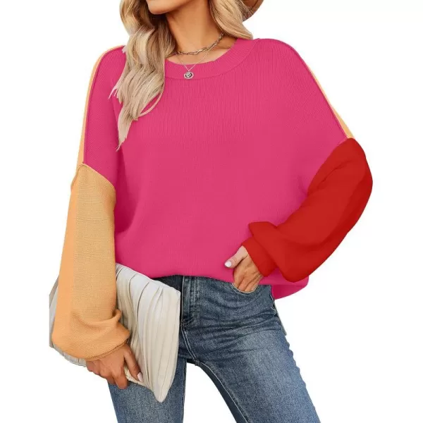 imageZESICA Womens 2023 Fall Casual Long Sleeve Crew Neck Side Slit Oversized Ribbed Knit Pullover Sweater TopsConstrastrose
