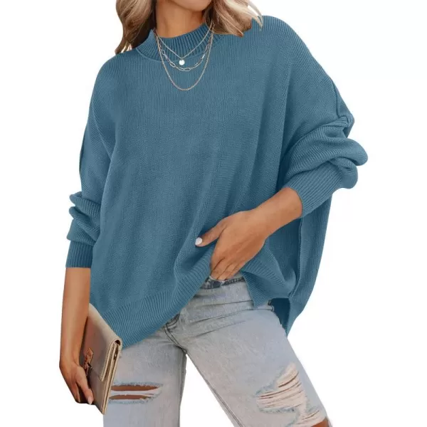 imageZESICA Womens 2023 Fall Casual Long Sleeve Crew Neck Side Slit Oversized Ribbed Knit Pullover Sweater TopsDustyblue