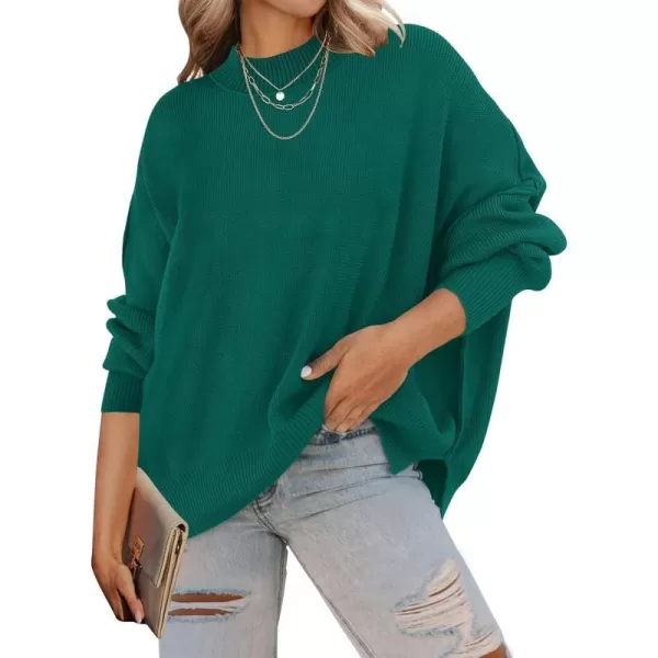 imageZESICA Womens 2023 Fall Casual Long Sleeve Crew Neck Side Slit Oversized Ribbed Knit Pullover Sweater TopsForestgreen