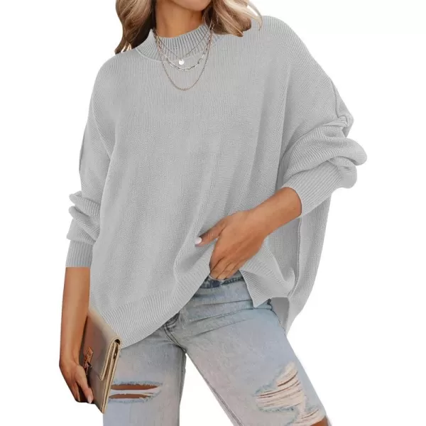 imageZESICA Womens 2023 Fall Casual Long Sleeve Crew Neck Side Slit Oversized Ribbed Knit Pullover Sweater TopsGrey
