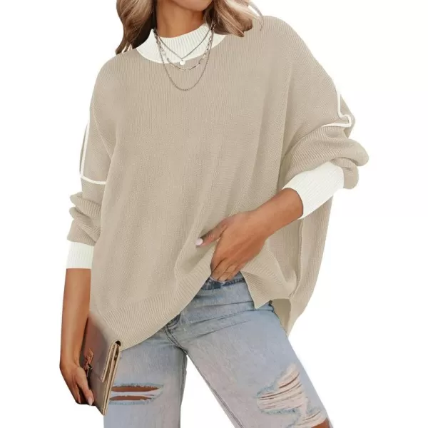 imageZESICA Womens 2023 Fall Casual Long Sleeve Crew Neck Side Slit Oversized Ribbed Knit Pullover Sweater TopsGreyapricot