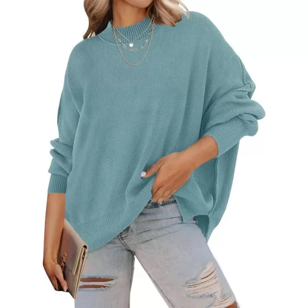 imageZESICA Womens 2023 Fall Casual Long Sleeve Crew Neck Side Slit Oversized Ribbed Knit Pullover Sweater TopsLake