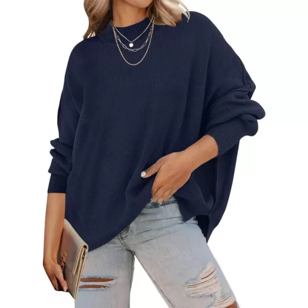 imageZESICA Womens 2023 Fall Casual Long Sleeve Crew Neck Side Slit Oversized Ribbed Knit Pullover Sweater TopsNavy