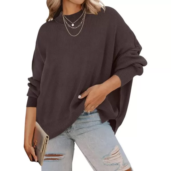 imageZESICA Womens 2023 Fall Casual Long Sleeve Crew Neck Side Slit Oversized Ribbed Knit Pullover Sweater TopsNutmeg