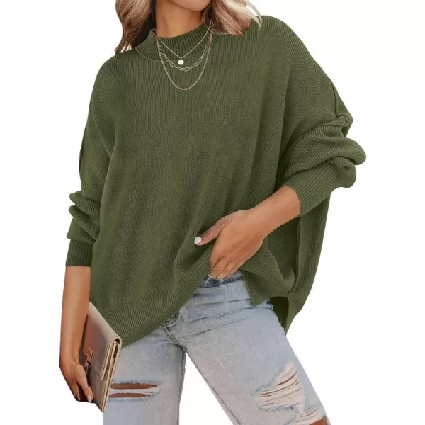 imageZESICA Womens 2023 Fall Casual Long Sleeve Crew Neck Side Slit Oversized Ribbed Knit Pullover Sweater TopsOlive