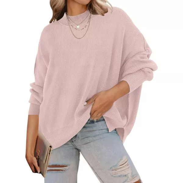 imageZESICA Womens 2023 Fall Casual Long Sleeve Crew Neck Side Slit Oversized Ribbed Knit Pullover Sweater TopsPink