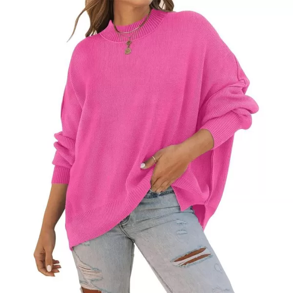 imageZESICA Womens 2023 Fall Casual Long Sleeve Crew Neck Side Slit Oversized Ribbed Knit Pullover Sweater TopsRose