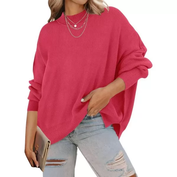 imageZESICA Womens 2023 Fall Casual Long Sleeve Crew Neck Side Slit Oversized Ribbed Knit Pullover Sweater TopsWatermelon