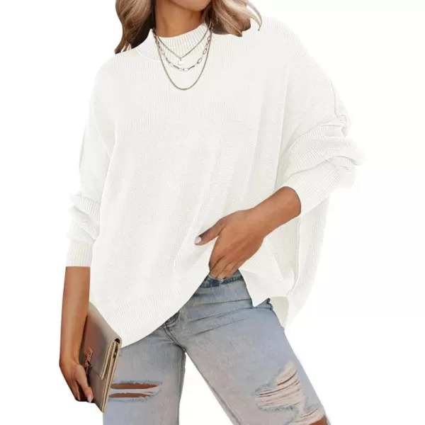 imageZESICA Womens 2023 Fall Casual Long Sleeve Crew Neck Side Slit Oversized Ribbed Knit Pullover Sweater TopsWhite