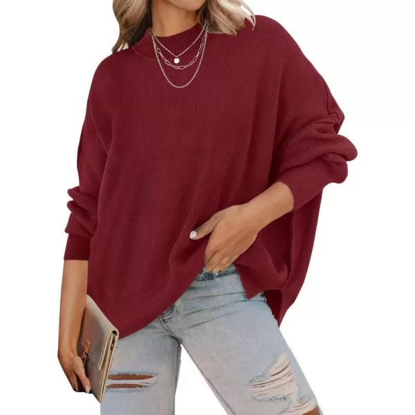 imageZESICA Womens 2023 Fall Casual Long Sleeve Crew Neck Side Slit Oversized Ribbed Knit Pullover Sweater TopsWine