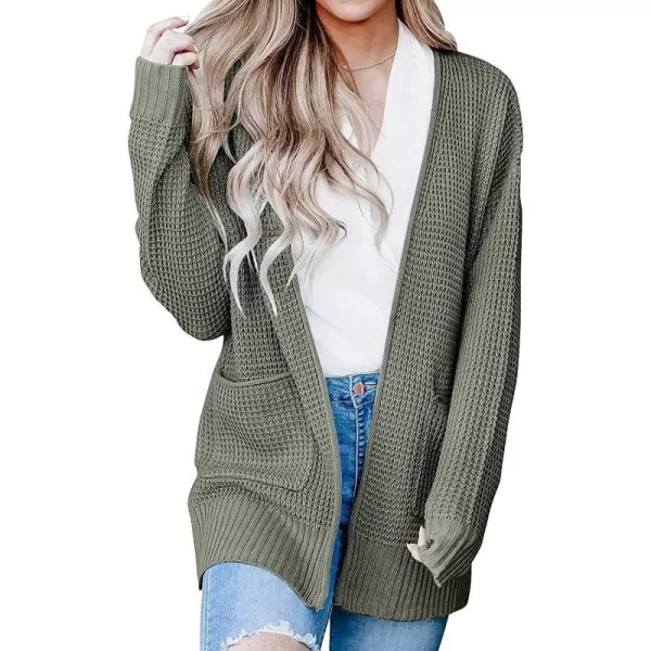 imageZESICA Womens 2023 Fall Casual Long Sleeve Open Front Waffle Knit Sweater Cardigans Coat Outwear with PocketsArmy Green