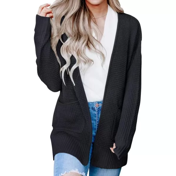 imageZESICA Womens 2023 Fall Casual Long Sleeve Open Front Waffle Knit Sweater Cardigans Coat Outwear with PocketsBlack