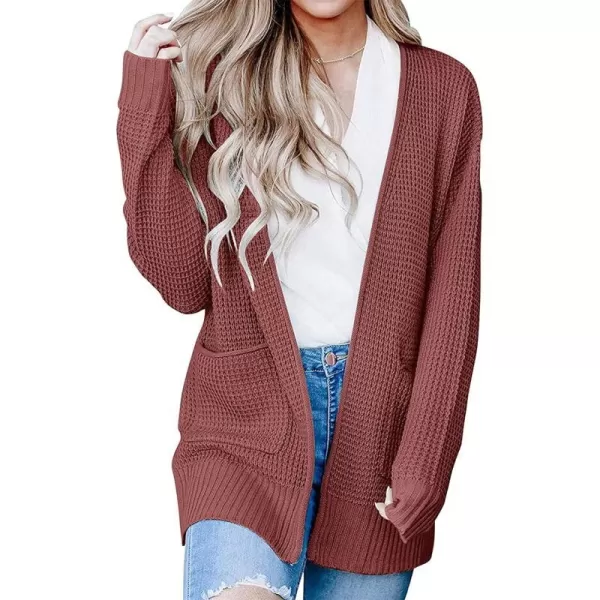 imageZESICA Womens 2023 Fall Casual Long Sleeve Open Front Waffle Knit Sweater Cardigans Coat Outwear with PocketsBrickred