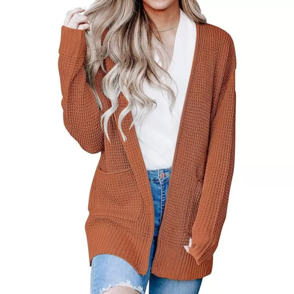 imageZESICA Womens 2023 Fall Casual Long Sleeve Open Front Waffle Knit Sweater Cardigans Coat Outwear with PocketsBrown