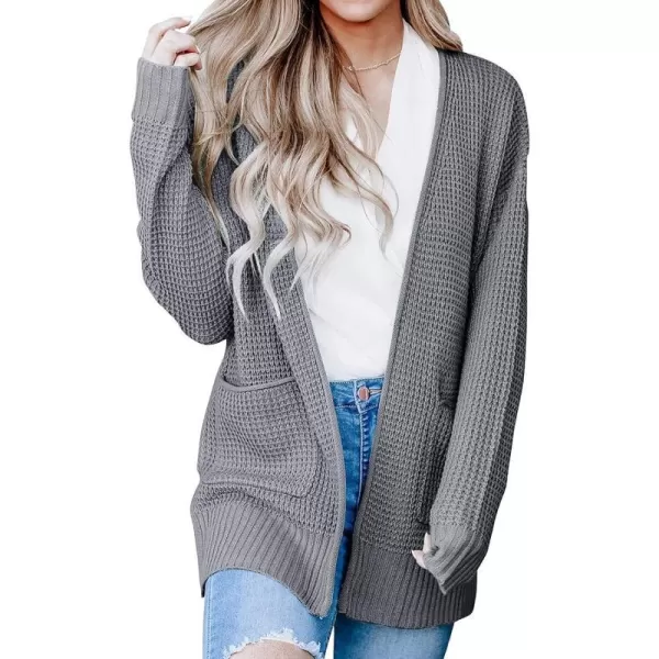imageZESICA Womens 2023 Fall Casual Long Sleeve Open Front Waffle Knit Sweater Cardigans Coat Outwear with PocketsGrey