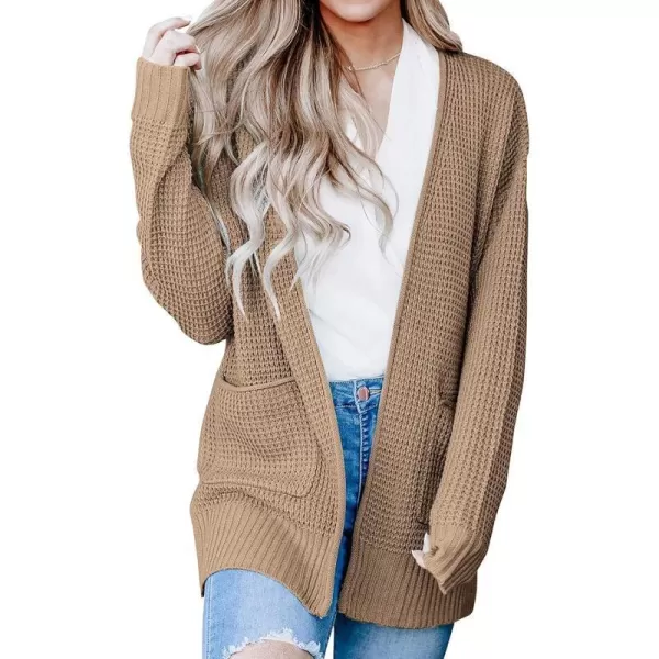 imageZESICA Womens 2023 Fall Casual Long Sleeve Open Front Waffle Knit Sweater Cardigans Coat Outwear with PocketsKhaki