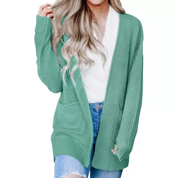 imageZESICA Womens 2023 Fall Casual Long Sleeve Open Front Waffle Knit Sweater Cardigans Coat Outwear with PocketsLakegreen