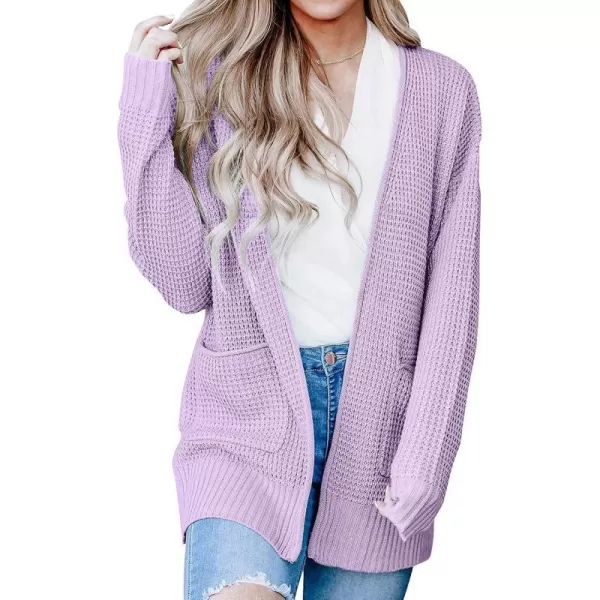 imageZESICA Womens 2023 Fall Casual Long Sleeve Open Front Waffle Knit Sweater Cardigans Coat Outwear with PocketsLavender