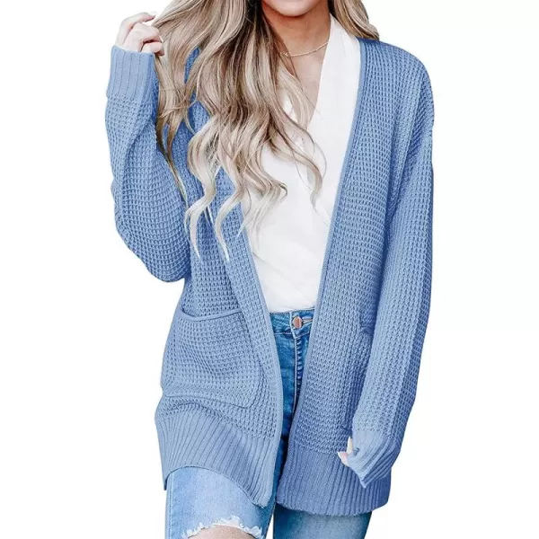 imageZESICA Womens 2023 Fall Casual Long Sleeve Open Front Waffle Knit Sweater Cardigans Coat Outwear with PocketsLightblue