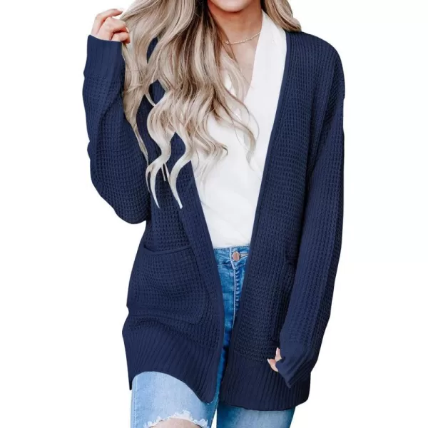 imageZESICA Womens 2023 Fall Casual Long Sleeve Open Front Waffle Knit Sweater Cardigans Coat Outwear with PocketsNavy