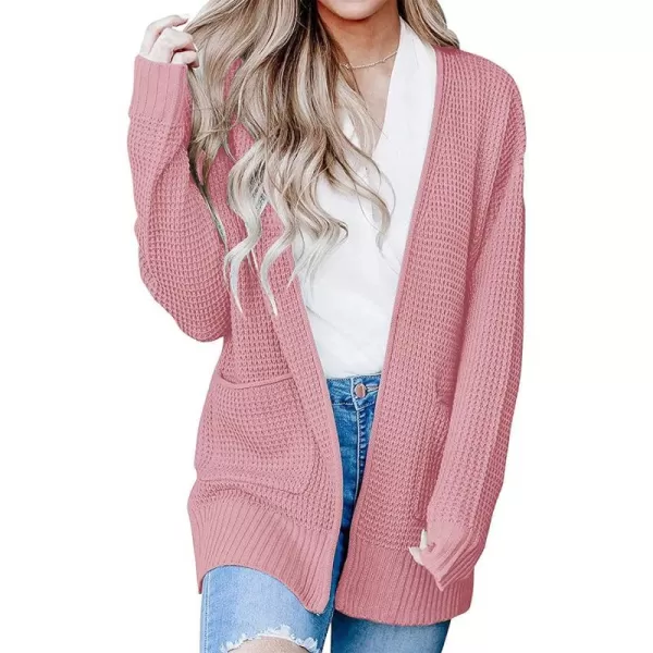 imageZESICA Womens 2023 Fall Casual Long Sleeve Open Front Waffle Knit Sweater Cardigans Coat Outwear with PocketsPink