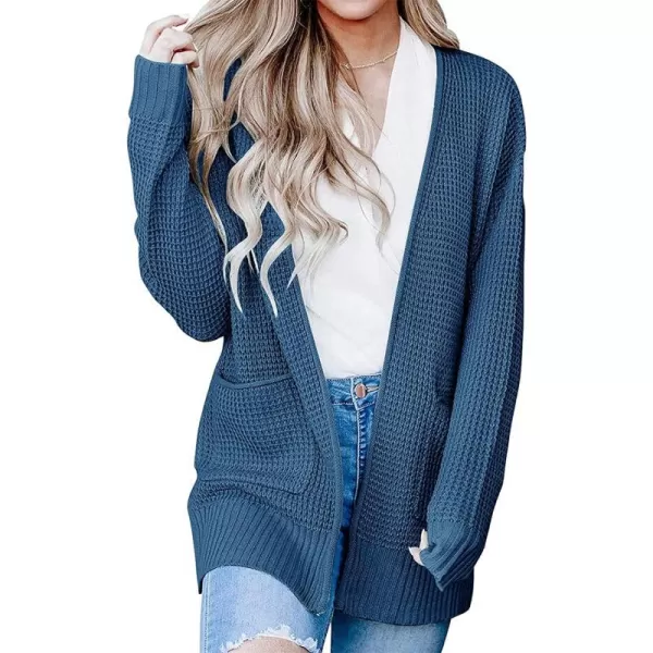 imageZESICA Womens 2023 Fall Casual Long Sleeve Open Front Waffle Knit Sweater Cardigans Coat Outwear with PocketsRoyalblue