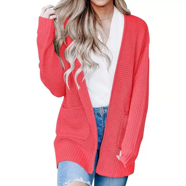 imageZESICA Womens 2023 Fall Casual Long Sleeve Open Front Waffle Knit Sweater Cardigans Coat Outwear with PocketsWatermelon