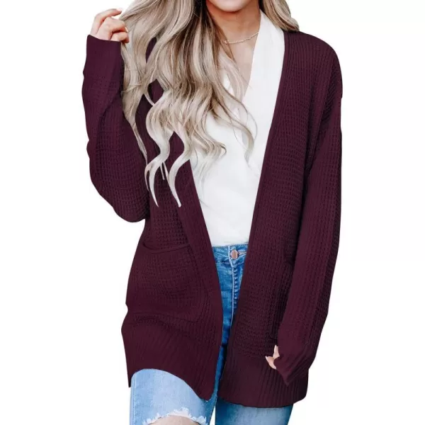 imageZESICA Womens 2023 Fall Casual Long Sleeve Open Front Waffle Knit Sweater Cardigans Coat Outwear with PocketsWine