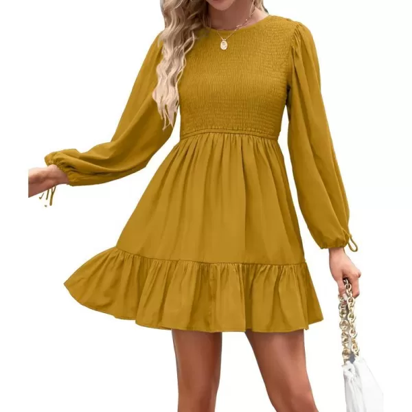 imageZESICA Womens 2023 Fall Dress Long Sleeve Smocked Casual Crew Neck Tiered Flowy Wedding Party Mini DressesGinger
