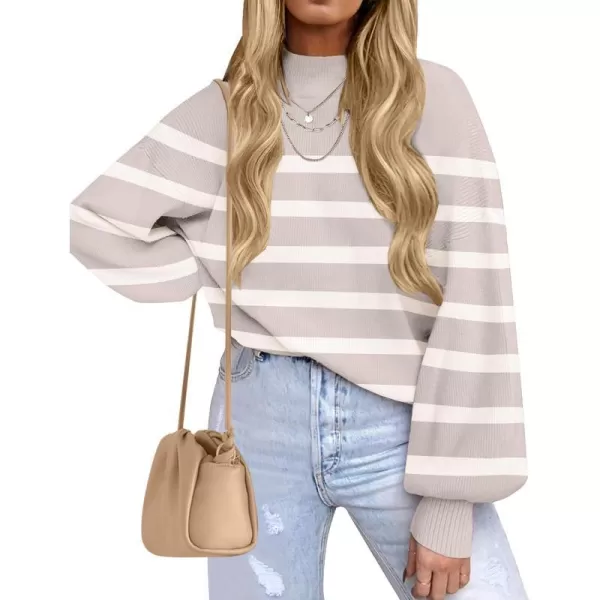 imageZESICA Womens 2023 Fall Fashion Turtleneck Long Sleeve Striped Ribbed Knit Loose Pullover Sweater TopsAlmond
