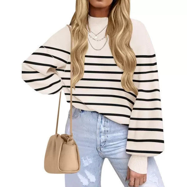 imageZESICA Womens 2023 Fall Fashion Turtleneck Long Sleeve Striped Ribbed Knit Loose Pullover Sweater TopsApricot