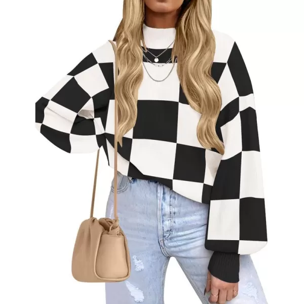 imageZESICA Womens 2023 Fall Fashion Turtleneck Long Sleeve Striped Ribbed Knit Loose Pullover Sweater TopsBlackplaid