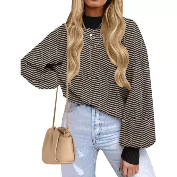 imageZESICA Womens 2023 Fall Fashion Turtleneck Long Sleeve Striped Ribbed Knit Loose Pullover Sweater TopsBrownstripe