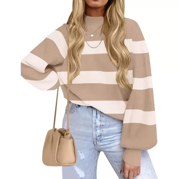 imageZESICA Womens 2023 Fall Fashion Turtleneck Long Sleeve Striped Ribbed Knit Loose Pullover Sweater TopsCamel
