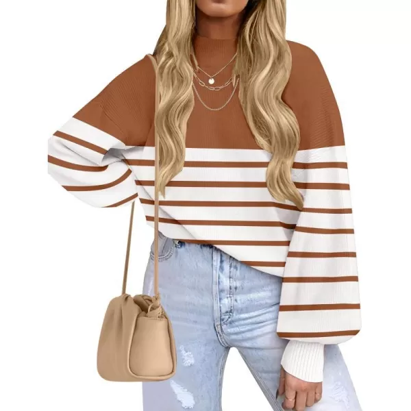 imageZESICA Womens 2023 Fall Fashion Turtleneck Long Sleeve Striped Ribbed Knit Loose Pullover Sweater TopsCaramel