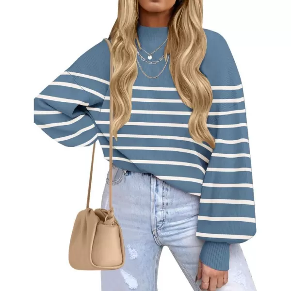 imageZESICA Womens 2023 Fall Fashion Turtleneck Long Sleeve Striped Ribbed Knit Loose Pullover Sweater TopsDarkblue