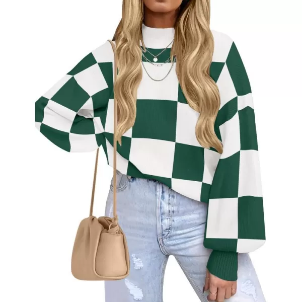 imageZESICA Womens 2023 Fall Fashion Turtleneck Long Sleeve Striped Ribbed Knit Loose Pullover Sweater TopsDarkgreenplaid