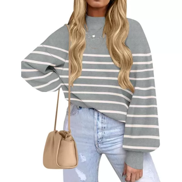 imageZESICA Womens 2023 Fall Fashion Turtleneck Long Sleeve Striped Ribbed Knit Loose Pullover Sweater TopsGrey